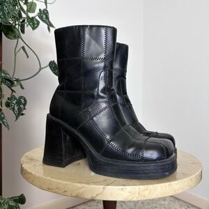 Vintage black patchwork platform square toe faux leather chunky heeled boots